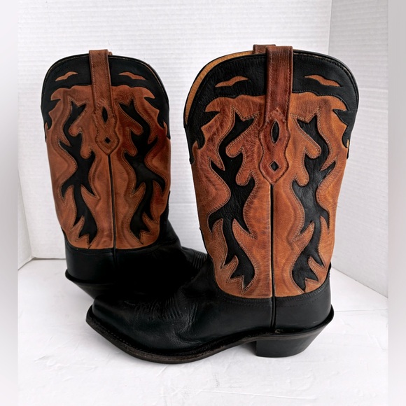 NWOT OLD WEST COWGIRL LEATHER CUSHIONED SOLE BLACK CAMEL TAN INLAY BOOTS SZ 9 - Picture 14 of 15